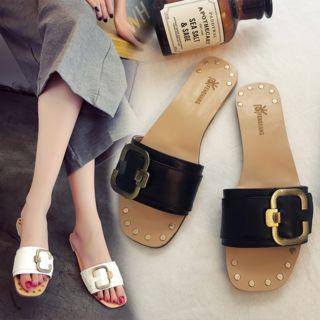 Buckled Studded Flat Mule Sandals