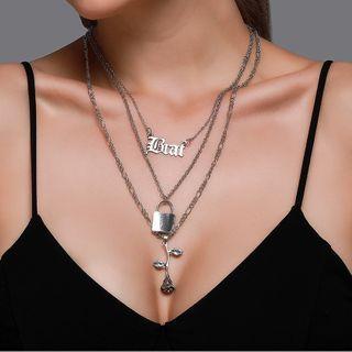 Alloy Rose Padlock & Lettering Pendant Layered Necklace 01 - 7332 - Silver - One Size