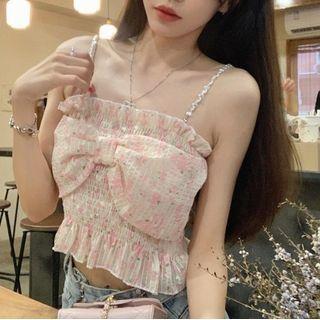 Ribbon Floral Crop Camisole Top Floral - Pink - One Size