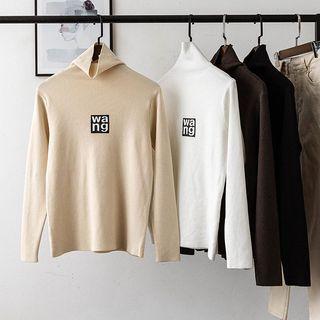 Mock-turtleneck Lettering Knit Top