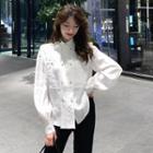Plain Puff-sleeve Loose-fit Shirt White - One Size
