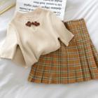 Set Of 2: Short-sleeve Knit Top + Plaid Pleated Skirt
