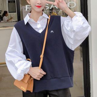 Set: Lantern-sleeve Shirt + Moon Embroidered Vest