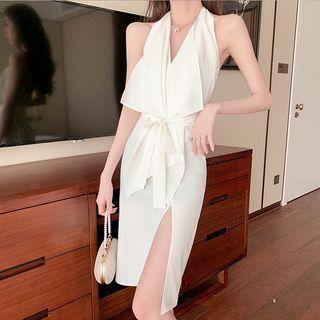 Halter-neck Ruffled Slit A-line Dress