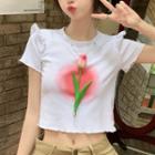 Short-sleeve Flower T-shirt White - One Size
