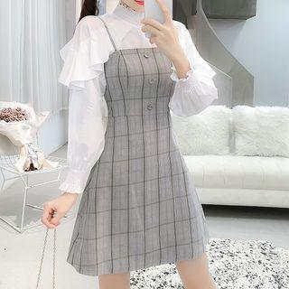 Set: Long-sleeve Ruffled Top + Plaid Mini Pinafore Dress
