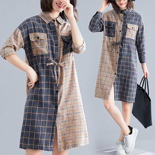 Plaid Two-tone Long-sleeve Shirtdress
