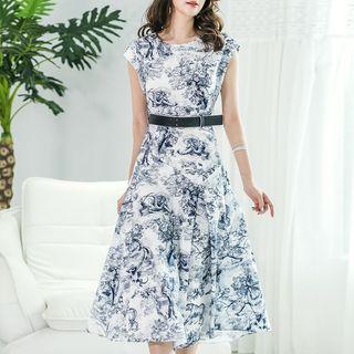 Cap-sleeve Printed Midi A-line Dress