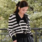 Puff-sleeve Collared Striped Sweater