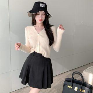 V-neck Plain Ribbed Button-up Cropped Cardigan / High-waist Plain Pleated Mini Skirt