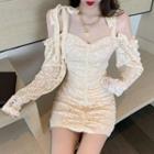 Cold-shoulder Long-sleeve Lace Mini Sheath Dress Almond - One Size