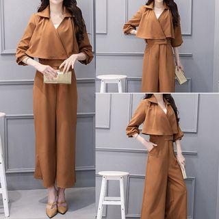 V-neck 3/4-sleeve Wide Leg Jumpsuit