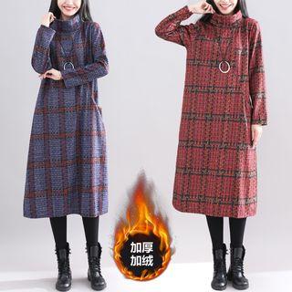 Long-sleeve Stand Collar Plaid Midi Dress