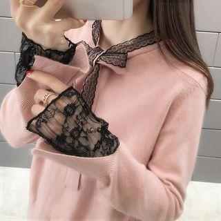 Lace Trim Tie Neck Knit Top