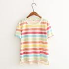 Short-sleeve Striped Distressed T-shirt