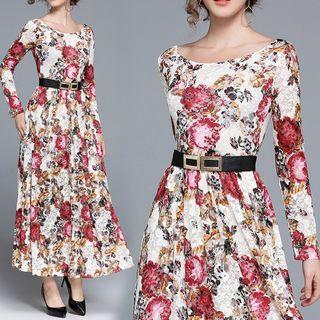 Long-sleeve Maxi Flower Print A-line Lace Dress