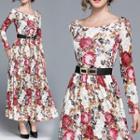 Long-sleeve Maxi Flower Print A-line Lace Dress