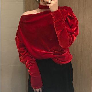 Off-shoulder Balloon-sleeve Velvet Blouse