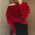 Off-shoulder Balloon-sleeve Velvet Blouse