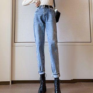Studded Cropped Straight-fit Jeans