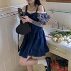 Puff-sleeve Off-shoulder Gingham Top / Mini A-line Overall Dress
