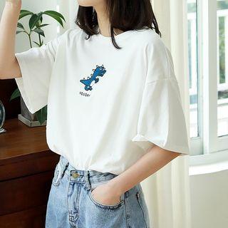 Dinosaur Embroidered Short-sleeve T-shirt White - One Size