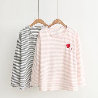 Long-sleeve Heart Embroidery Striped T-shirt