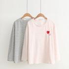 Long-sleeve Heart Embroidery Striped T-shirt