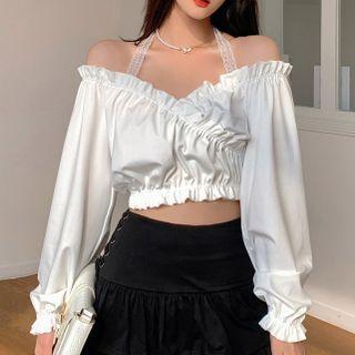 Long-sleeve Cold-shoulder Ruffle Trim Top