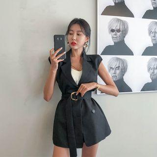 Set: Cap-sleeve Belted Blazer + Zip-side Shorts