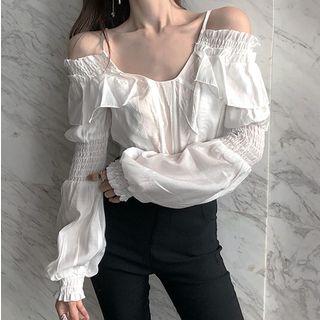 Cold-shoulder Smocked Cropped Blouse As Shown In Figure - One Size