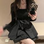 Long-sleeve Tie-waist Tiered Mini A-line Dress Black - One Size