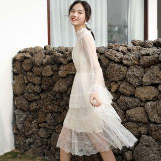 Mock Two-piece Mesh Layered A-line Long Dress