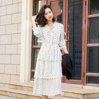 Long-sleeve Dotted Midi A-line Layered Dress
