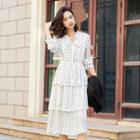 Long-sleeve Dotted Midi A-line Layered Dress