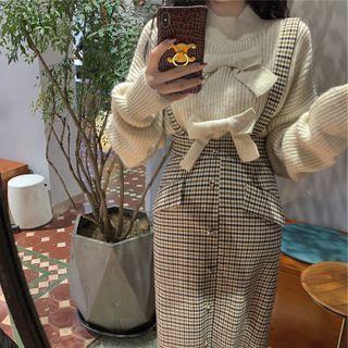 Mock-neck Bow Sweater / Plaid Jumper Skirt / Set