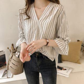 3/4-sleeve Ruffled Striped Blouse