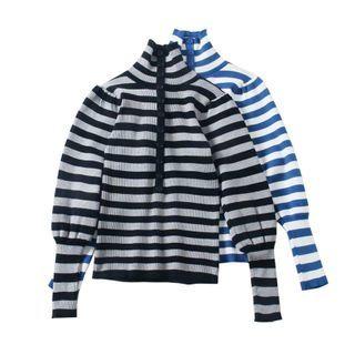 Turtleneck Puff-sleeve Striped Sweater