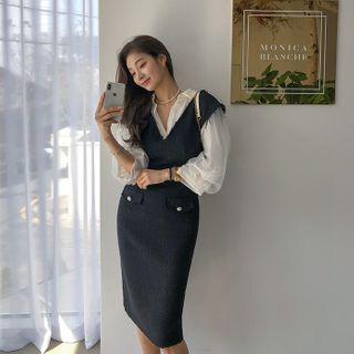 Sleeveless Frayed Tweed Sheath Dress