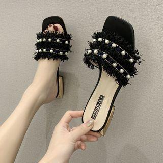 Faux Pearl Fringed Block Heel Slide Sandals