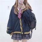 Contrast Trim Button Jacket/ Shirt With Stripe Tie