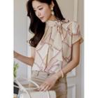 Petal-sleeve Scarf-neck Patterned Blouse