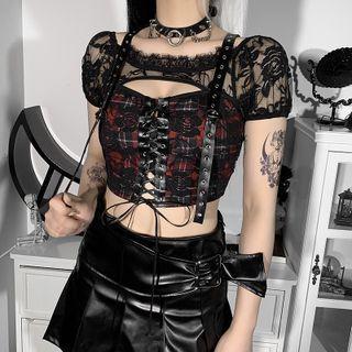 Short-sleeve Lace-up Plaid Crop Top