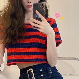 Short-sleeve Striped Knit Top Stripes - Red & Navy Blue - One Size