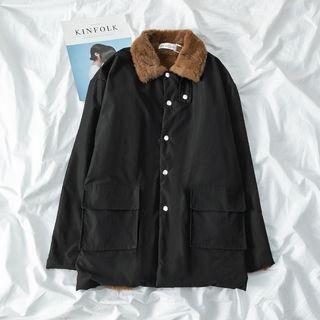 Fleece-lined Stand Collar Cargo Jacket Black - One Size