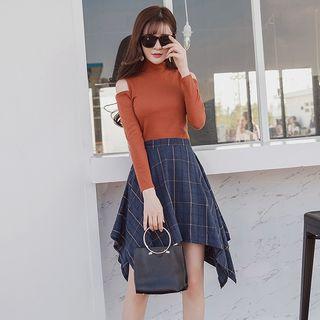 Set: Cut Out Shoulder Long Sleeve Top + Plaid Asymmetric Hem Skirt