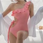 Ruffle Trim One-shoulder Cut-out Swimsuit