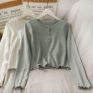 Ruffled-trim Long-sleeve Crop Henley