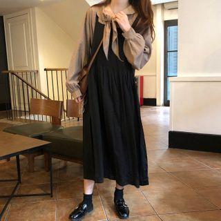 Tie-neck Long-sleeve Blouse / Plain Midi Pinafore Dress