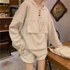Long-sleeve Lace Up Hooded Pullover / High-waist Plain Shorts